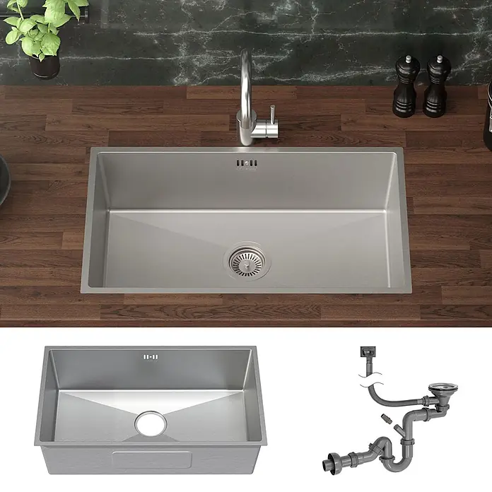 Spülbecken Edelstahl 1 Becken 70x40 cm mit Siphon -  - Edelstahl-Küchenspüle mit Ablauf und Abfluss-Set, in Küchenarbeitsplatte installiert gezeigt.