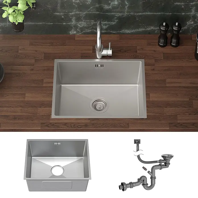 Spülbecken Edelstahl 1 Becken 50x40 cm mit Siphon -  - Edelstahl-Küchenspüle mit Wasserhahn in Holzarbeitsplatte, inklusive Ablaufgarnitur.