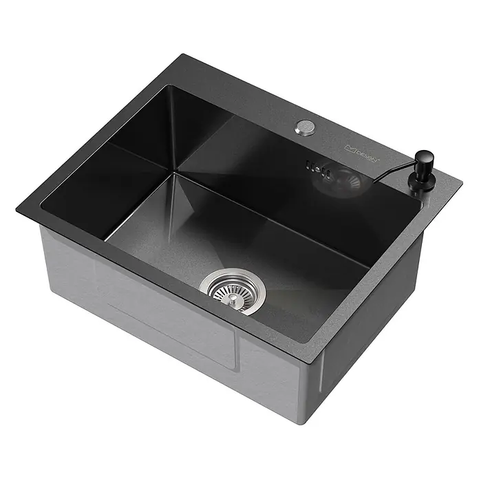 Spülbecken Edelstahl 1 Becken Anthrazit 55x45 cm mit Siphon & Spender -  - Texturierte dunkelgraue Einzelbecken-Küchenspüle mit integriertem schwarzem Seifenspender und Metallablauf.