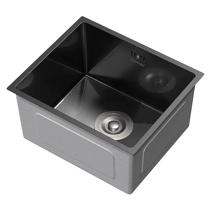 Spülbecken Edelstahl 1 Becken Anthrazit 34x40 cm mit Siphon -  - Modernes dunkelgraues Edelstahl-Spülbecken mit einer Schale und Metallablauf.
