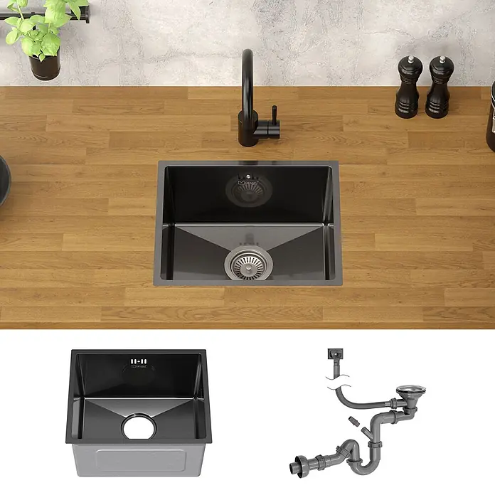 Spülbecken Edelstahl 1 Becken Anthrazit 34x40 cm mit Siphon -  - Draufsicht einer modernen schwarzen Küchenspüle mit Wasserhahn in einer Holz-Arbeitsplatte.