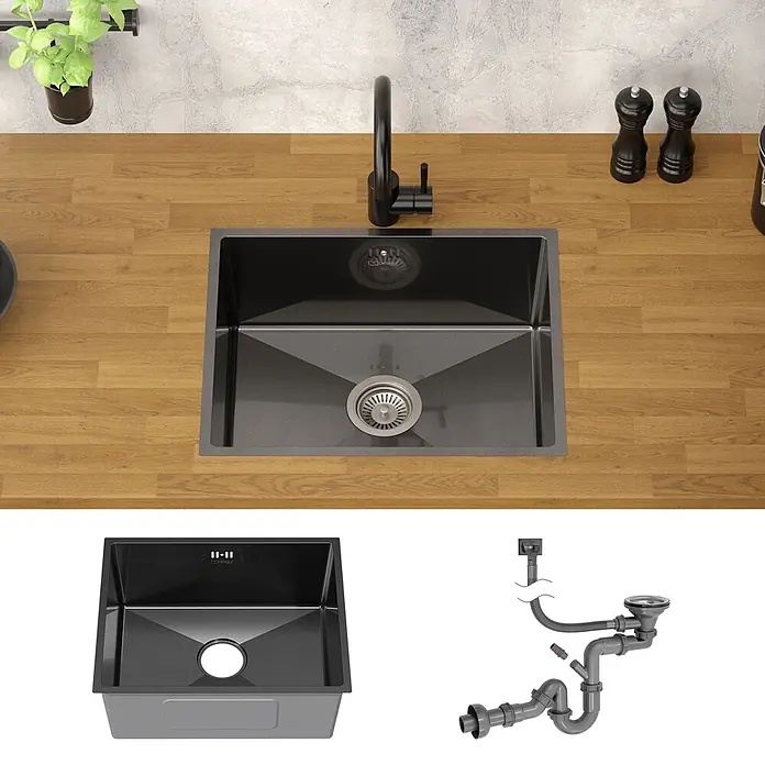 Spülbecken Edelstahl 1 Becken Anthrazit 50x40 cm mit Siphon -  - Moderne schwarze Einzelbecken-Küchenspüle mit schwarzem Wasserhahn in Holzarbeitsplatte, inklusive Ablaufdiagramm.