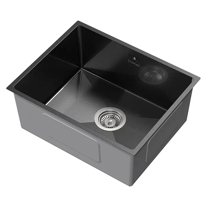 Spülbecken Edelstahl 1 Becken Anthrazit 50x40 cm mit Siphon -  - Dunkelgraues/schwarzes Granit-Verbundstoff-Küchenspülbecken mit einem Edelstahl-Abfluss.