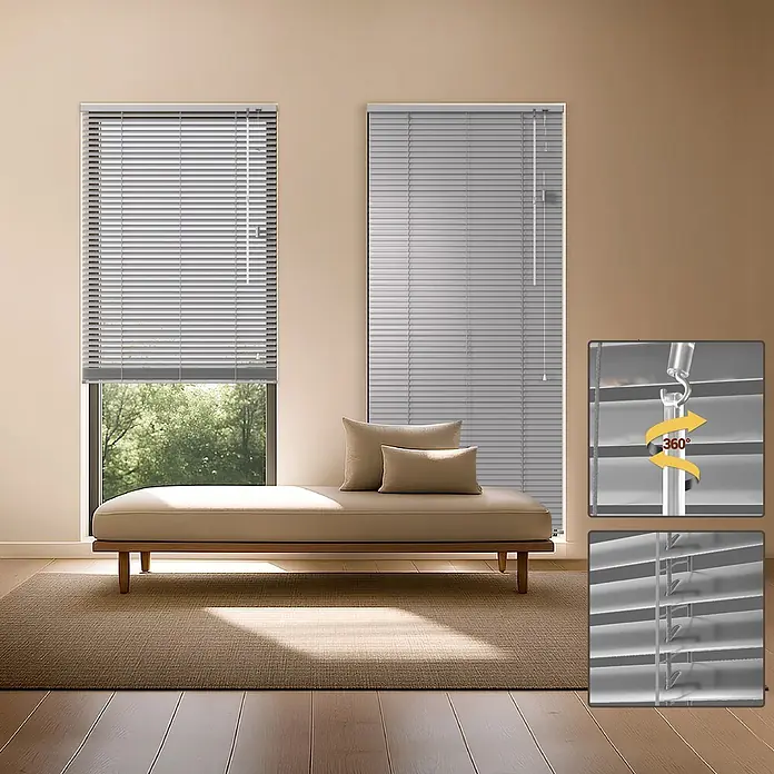 Sol Royal Jalousie - B x H: 60 x 130 cm, Silber glänzend, Aluminium - Silberne Aluminium-Jalousien an zwei Fenstern, Detailansichten des 360°-Kippmechanismus.