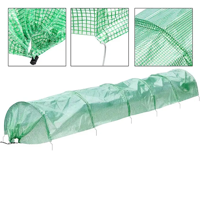 ECD Germany Gewächshaus 300x55x35cm Gewächshaustunnel Transparent/Grün 135g/m² - Material Seitenwand: Kunststoff, Grün - Langes grünes Gitter-verstärktes Pflanzentunnel-Gewächshaus mit Erdspießen und Kordelzugverschluss.