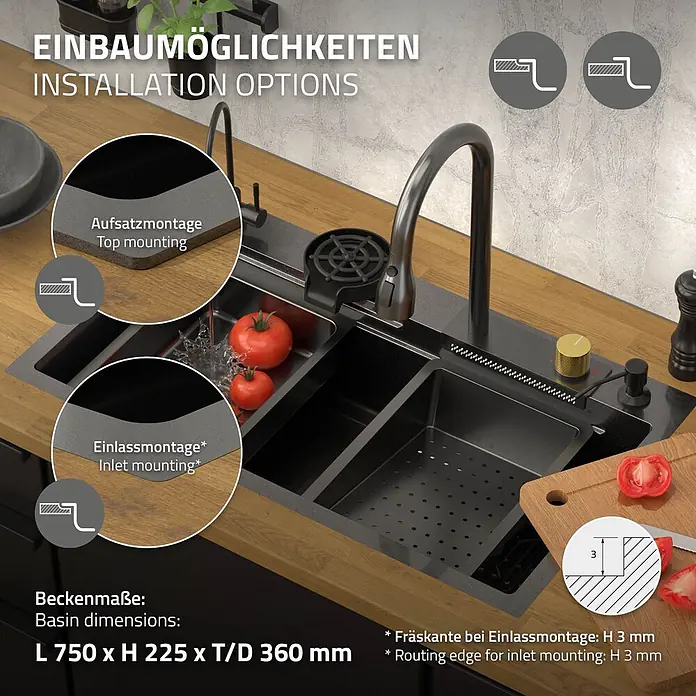 Multifunktions Spülbecken 80x46 cm Anthrazit aus Edelstahl -  - Schwarzes Küchenspülsystem mit Armatur und Becken, gezeigt mit Aufsatz- und Einlassmontage auf Holztheke.