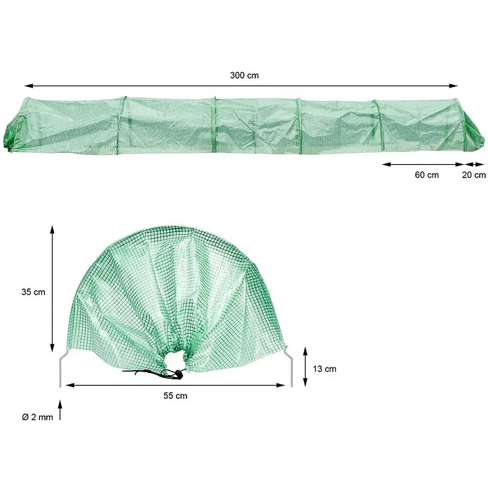 ECD Germany Gewächshaus 300x55x35cm Gewächshaustunnel Transparent/Grün 135g/m² - Material Seitenwand: Kunststoff, Grün - Grüner Minigewächshaus-Tunnel mit Gittermuster, 300 cm lang, 55 cm breit und 35 cm hoch, mit Heringen.