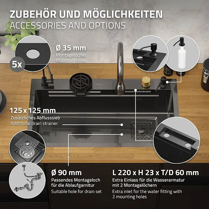 Multifunktions Spülbecken 80x46 cm Anthrazit aus Edelstahl -  - Schwarze Küchenspüle mit Zubehör: 5x 35mm Montagelöcher, 125x125mm Abflusssieb, 90mm Ablaufgarnitur-Loch und 220x23x60mm Wasserhahn-Einlass.