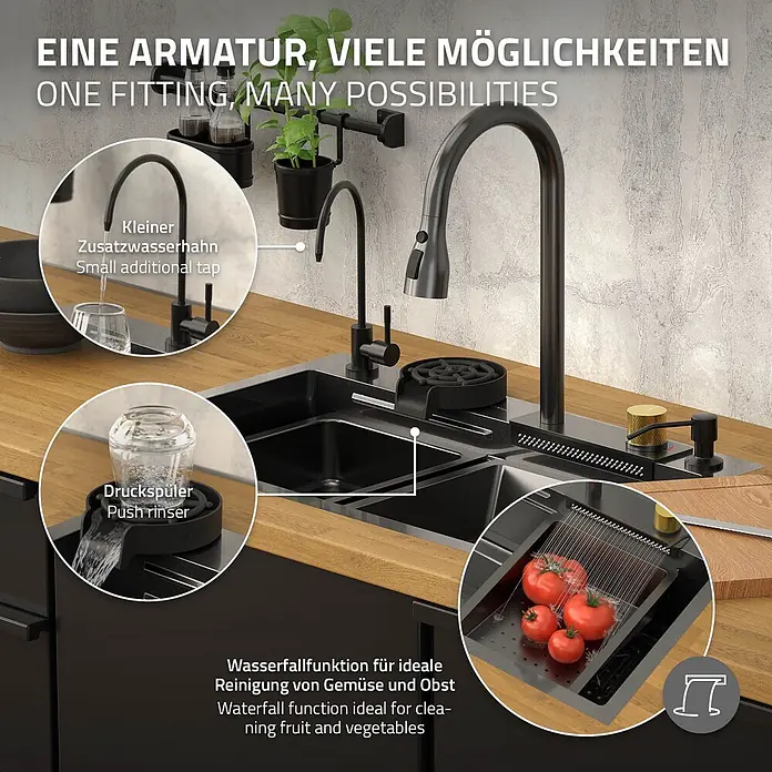 Multifunktions Spülbecken 68x46 cm Anthrazit aus Edelstahl -  - Schwarz integriertes Küchenspülbecken-System mit Hauptarmatur, Zusatztap, Druckspüler und Wasserfallfunktion für Obst/Gemüse, auf Holzplatte.