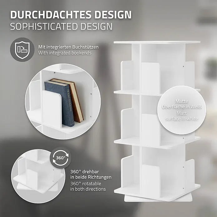 Bücherregal Kinder mit 3 Ebenen Weiß 40x94x40 cm Drehbar 360 Grad -  - Weißes, mattes, um 360° drehbares Bücherregal mit integrierten Buchstützen.