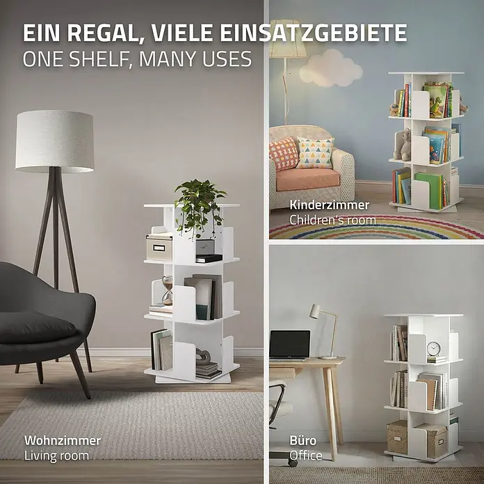 Bücherregal Kinder mit 3 Ebenen Weiß 40x94x40 cm Drehbar 360 Grad -  - Weißes 360° drehbares Bücherregal, in Wohn-, Kinder- und Bürozimmern gezeigt, das seine vielseitige Nutzung hervorhebt.