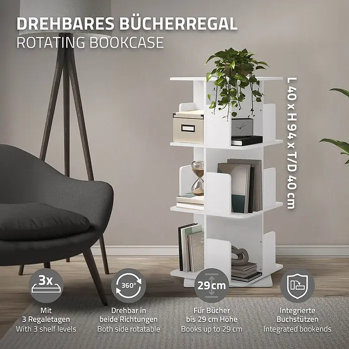 Bücherregal Kinder mit 3 Ebenen Weiß 40x94x40 cm Drehbar 360 Grad -  - Weißes drehbares Bücherregal mit 3 Regalebenen, gefüllt mit Büchern, in modernem Raum.