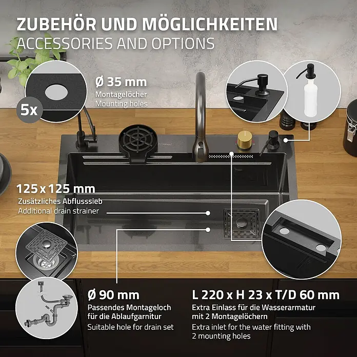 Multifunktions Spülbecken 75x46 cm Anthrazit aus Edelstahl -  - Schwarze Küchenspüle mit hervorgehobenen Zubehörfunktionen: Montagelöcher, Ablauf, Armaturenanschluss.