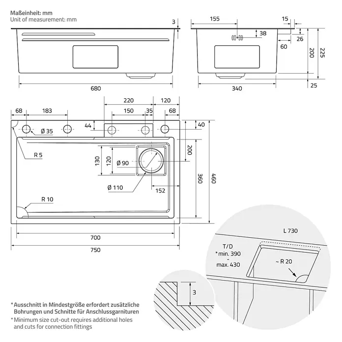 Multifunktions Spülbecken 75x46 cm Anthrazit aus Edelstahl -  - Technische Zeichnung einer rechteckigen Küchenspüle mit detaillierten Maßen, Becken, Abflusslöchern und Ausschnittspezifikationen für die Installation.