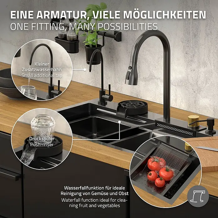 Multifunktions Spülbecken 75x46 cm Anthrazit aus Edelstahl -  - Schwarzes multifunktionales Spülensystem mit Armaturen, Spüler und Wasserfallfunktion für Essenszubereitung, in Holzplatte eingelassen.