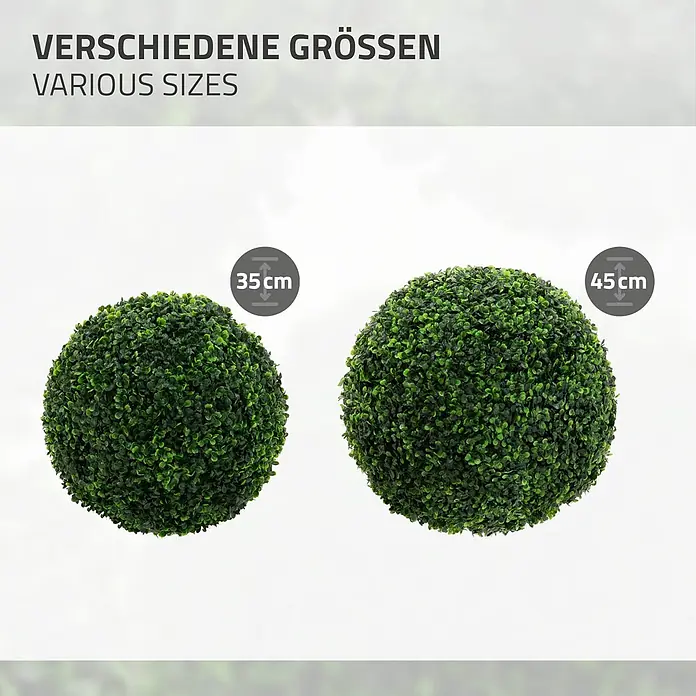 2er Set Künstliche Buchsbaumkugel groß Ø35 cm Grün aus Kunststoff -  - Zwei künstliche grüne Buchsbaumkugeln, 35 cm und 45 cm Durchmesser, zeigen verschiedene Größen.