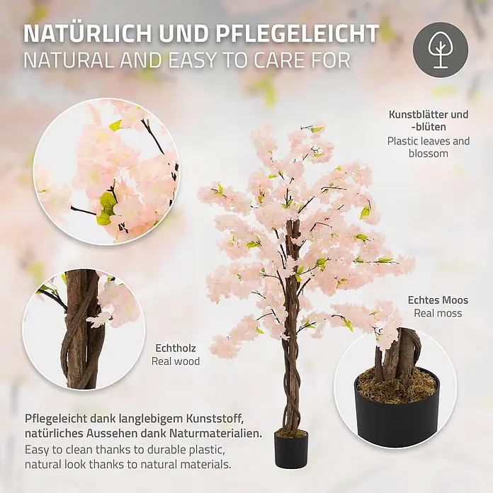 ML-Design Kunstpflanze Künstliche Pflanze für Wohnräume & Garten dekorative Zimmerpflanze - Blütenfarbe: Rosa, Textil - Künstlicher Kirschblütenbaum mit rosa Blüten, Echtholzstamm und echtem Moos im schwarzen Topf. Pflegeleicht und natürlich aussehend.