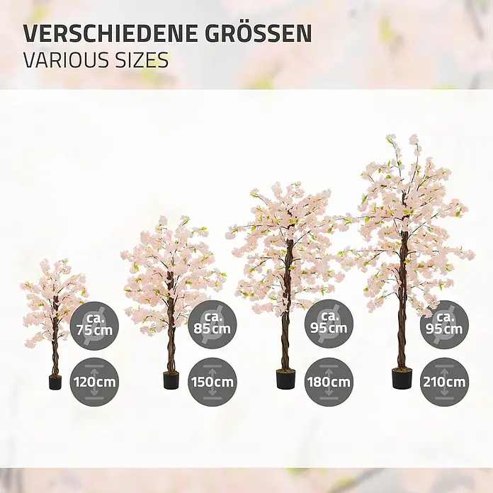 ML-Design Kunstpflanze Künstliche Pflanze für Wohnräume & Garten dekorative Zimmerpflanze - Blütenfarbe: Rosa, Textil - Vier künstliche Kirschblütenbäume in verschiedenen Größen, mit Höhen von 120cm bis 210cm und Kronenbreiten.