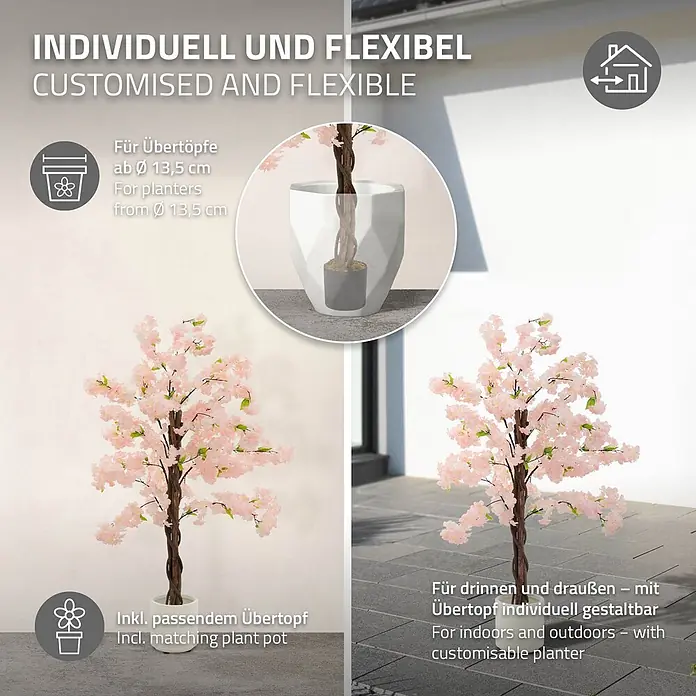 ML-Design Kunstpflanze Künstliche Pflanze für Wohnräume & Garten dekorative Zimmerpflanze - Blütenfarbe: Rosa, Textil - Pinkfarbener künstlicher Kirschblütenbaum, ideal für innen & außen. Inklusive Topf, passend für Übertöpfe ab 13,5 cm.