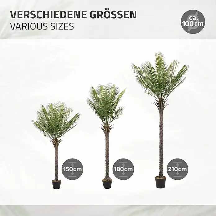 Künstliche Palme 180 cm groß im Topf für Indoor/Outdoor -  - Drei künstliche Palmen mit grünen Wedeln und braunen Stämmen in schwarzen Töpfen, gezeigt in 150cm, 180cm und 210cm Größen.