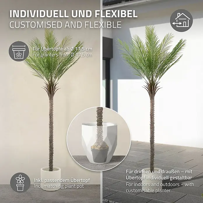 ML-Design Kunstpflanze Kunstpalme für Innen & Außen mit Echtem Moos - Blütenfarbe: Grün, Kunststoff - Künstliche Palme mit grünem Laub und braunem Stamm, flexibel einsetzbar in Übertöpfen, drinnen & draußen.