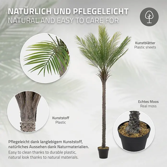 Künstliche Palme 210 cm groß im Topf für Indoor/Outdoor -  - Künstliche Palme mit Plastikblättern, realistischem Stamm und echtem Moos im Topf. Natürlicher Look und pflegeleicht.
