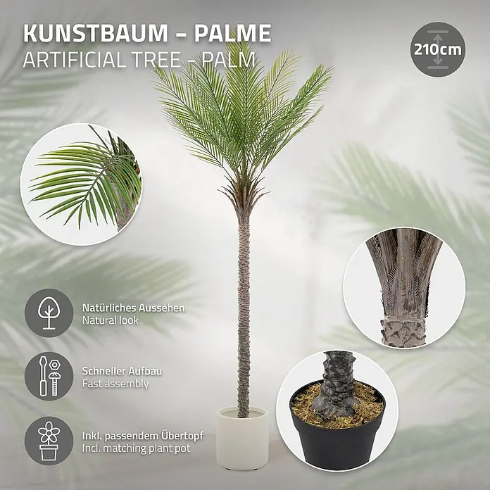 Künstliche Palme 210 cm groß im Topf für Indoor/Outdoor -  - 210cm künstliche Palme mit natürlich aussehenden grünen Wedeln und braunem Stamm im cremefarbenen Dekotopf.
