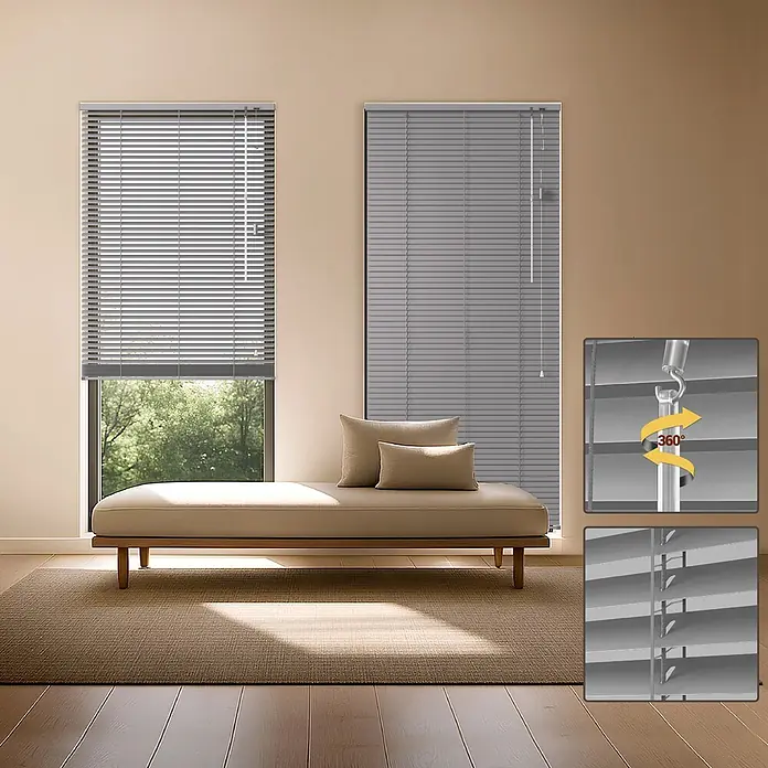 Sol Royal Jalousie - B x H: 110 x 130 cm, Silber matt, Aluminium - Graue Jalousien an Fenstern in einem Raum. Nahaufnahmen zeigen die 360°-Kippfunktion.