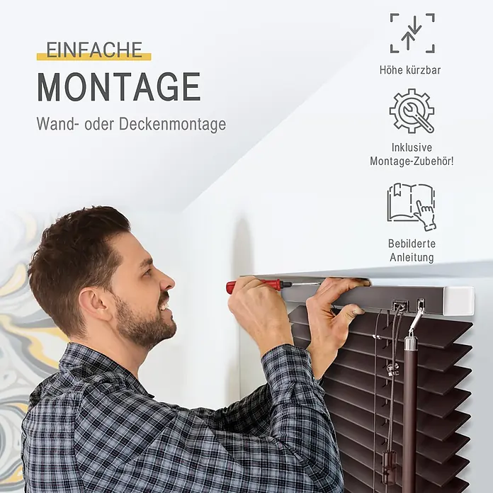Sol Royal Jalousie - B x H: 150 x 160 cm, Dunkelbraun, Holz - Mann montiert braune Jalousien zur Wand- oder Deckenmontage.