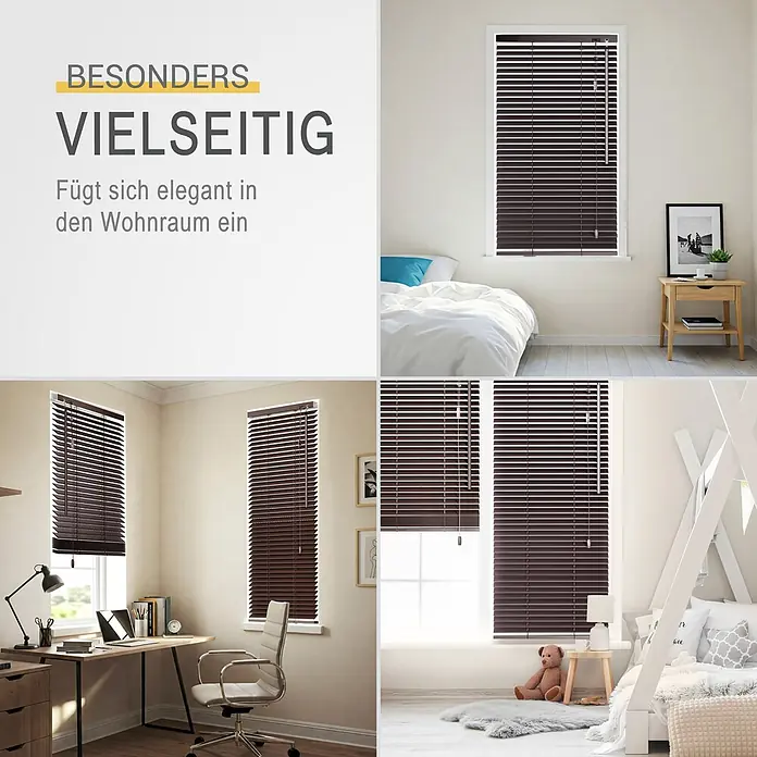 Sol Royal Jalousie - B x H: 150 x 160 cm, Dunkelbraun, Holz - Dunkelbraune Holzjalousien, elegant in verschiedenen Räumen installiert, zeigen ihre Vielseitigkeit und stilvolle Integration in Wohnbereiche.