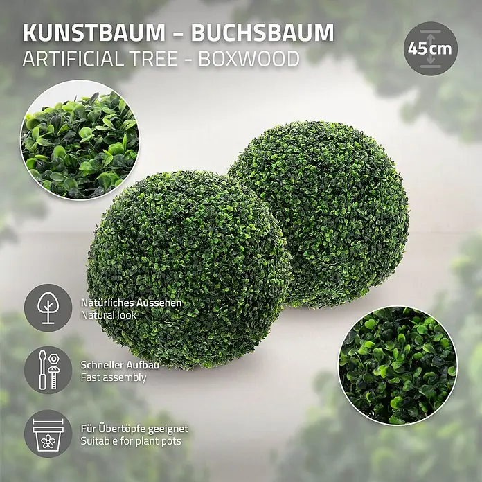 2er Set Künstliche Buchsbaumkugel groß Ø35 cm Grün aus Kunststoff -  - Zwei grüne künstliche Buchsbaumkugeln, ideal als Dekoration.