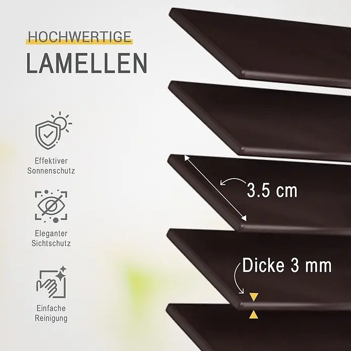 Sol Royal Jalousie - B x H: 150 x 160 cm, Dunkelbraun, Holz - Dunkelbraune, hochwertige Lamellen mit 3,5 cm Breite und 3 mm Dicke, bieten effektiven Sonnen- und Sichtschutz und sind leicht zu reinigen.