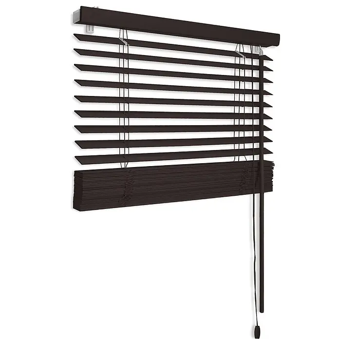 Sol Royal Jalousie - B x H: 150 x 160 cm, Dunkelbraun, Holz - Dunkelbraune Holzjalousie, teilweise heruntergelassen, mit sichtbaren Bedienschnüren.