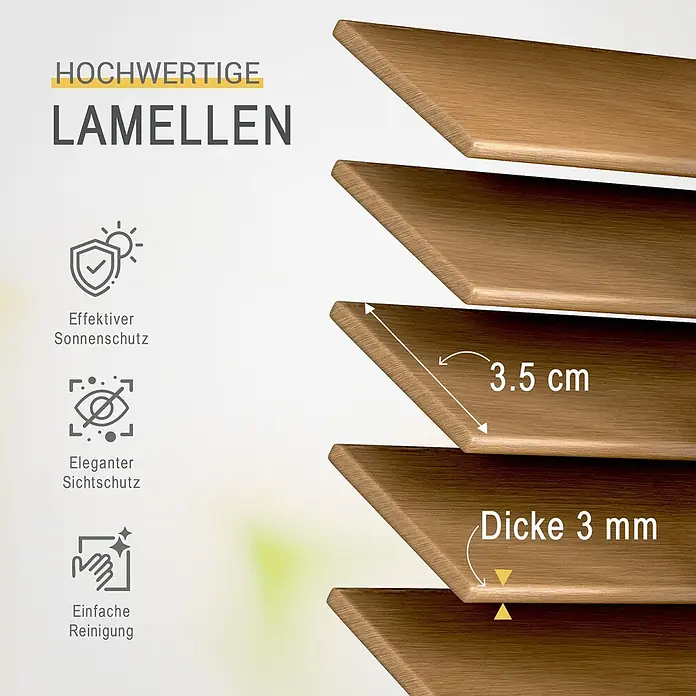 Sol Royal Jalousie - B x H: 110 x 160 cm, Eiche, Holz - Hochwertige Holzlamellen (3,5 cm breit, 3 mm dick) mit Icons für effektiven Sonnen- und Sichtschutz sowie einfache Reinigung.