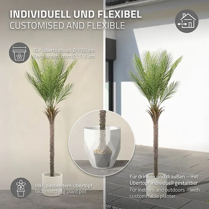 Künstliche Palme 180 cm groß im Topf für Indoor/Outdoor -  - Lebensnahe Kunstpalme mit braunem Stamm und grünen Blättern, für innen und außen in individuell gestaltbaren Übertöpfen.