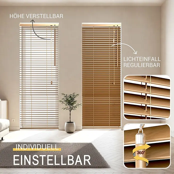 Sol Royal Jalousie - B x H: 110 x 160 cm, Eiche, Holz - Hölzerne Jalousien mit verstellbarer Höhe und 360° Lichtregulierung. Zwei Rollos in einem Raum dargestellt.