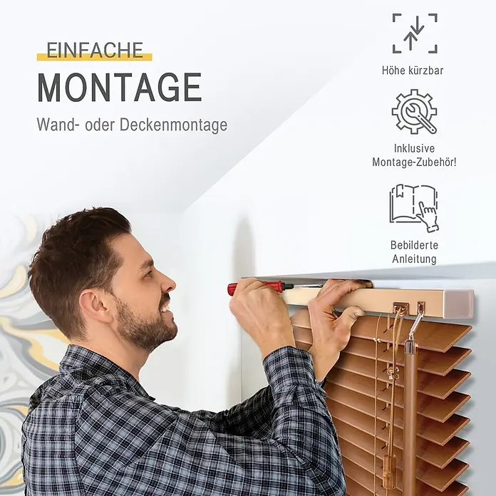 Sol Royal Jalousie - B x H: 110 x 160 cm, Eiche, Holz - Mann montiert eine braune Holzjalousie. Einfache Wand- oder Deckenmontage, höhenverstellbar, inklusive Zubehör und Anleitung.