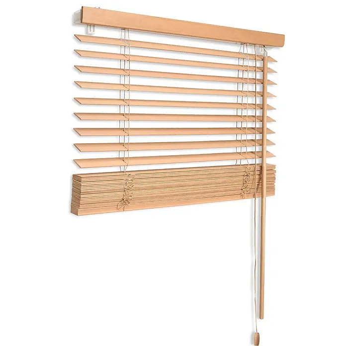Sol Royal Jalousie - B x H: 110 x 160 cm, Eiche, Holz - Helle Holz-Jalousien, teilweise hochgezogen, zeigen gestapelte Lamellen, mit Zugschnüren und Stab.