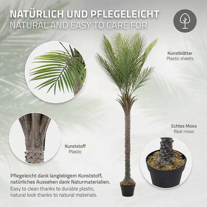 Künstliche Palme 180 cm groß im Topf für Indoor/Outdoor -  - Große künstliche Palme im schwarzen Topf mit grünen Kunststoffblättern, realistischem braunen Stamm und echtem Moos für natürliches Aussehen und einfache Pflege.