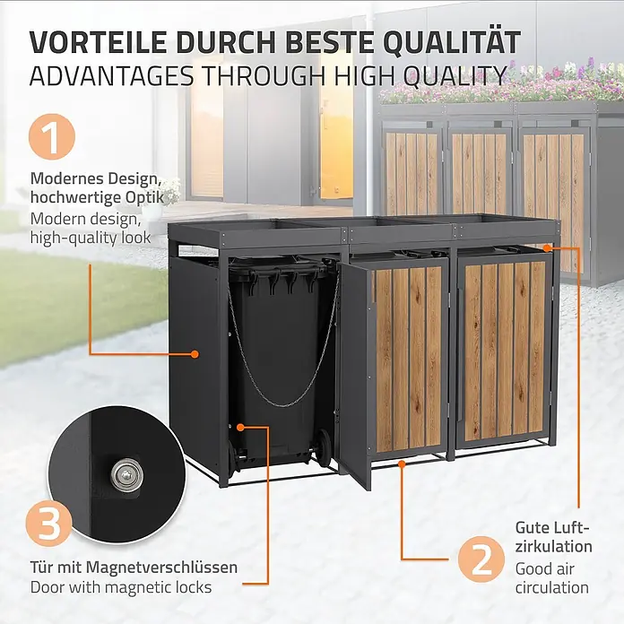 ML-Design Mülltonnenbox 3er 240L mit Pflanzdach Anthrazit-Holzoptik -  - Dunkelgraue Mülltonnenbox aus Metall mit drei Türen in Holzoptik, eine offen mit Mülleimer und Kette.
