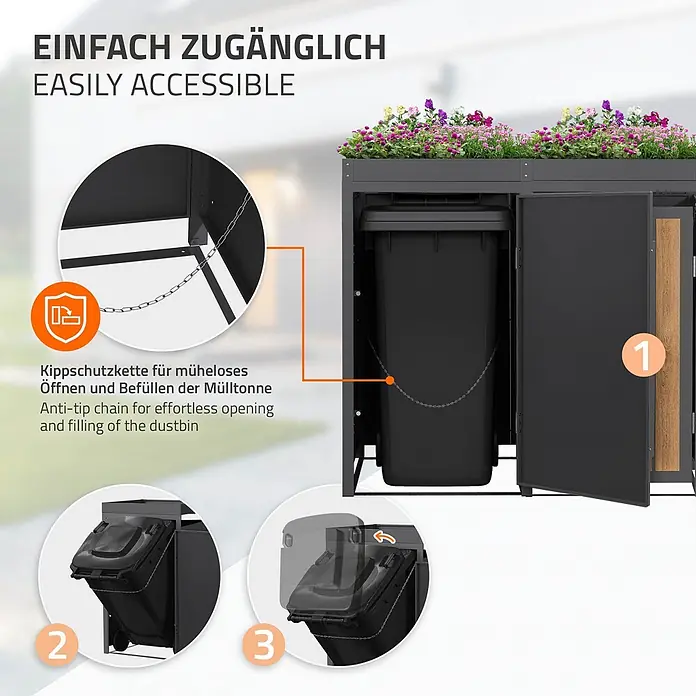 ML-Design 4x Mülltonnenbox 240L Pflanzdach Anthrazit-Holzoptik 260x80x124cm -  - Schwarze Mülltonnenbox aus Metall mit Pflanzkübel, zeigt Kippschutz-Kette für einfaches Öffnen und Befüllen.
