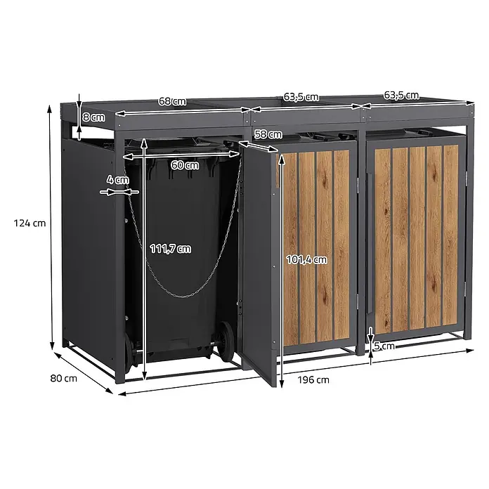 ML-Design Mülltonnenbox 3er 240L mit Pflanzdach Anthrazit-Holzoptik -  - Dunkelgraue Mülltonnenbox aus Metall mit drei Fächern, zwei mit Holz-Türen und einem Mülleimer. Maße sind angegeben.