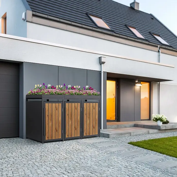 ML-Design Mülltonnenbox 3er 240L mit Pflanzdach Anthrazit-Holzoptik -  - Moderne anthrazitfarbene und hölzerne Außenaufbewahrungseinheit mit integriertem Blumenkasten.