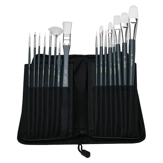 Artina Künstlerpinsel-Set - 17 -tlg., Größe Pinsel: Rundpinsel: 0#, 3/0#, 1#, 4#, 6#, 8# Flachpinsel: 0#, 3/4#, 9# Filberpinsel: 2#, 7#, 10#, 12# Fächerpinsel: 3# Winkelpinsel: 5#, Nylonfaser - Ein Set Künstlerpinsel mit grauen Griffen und weißen Borsten, ordentlich in einem offenen schwarzen Stoffetui.