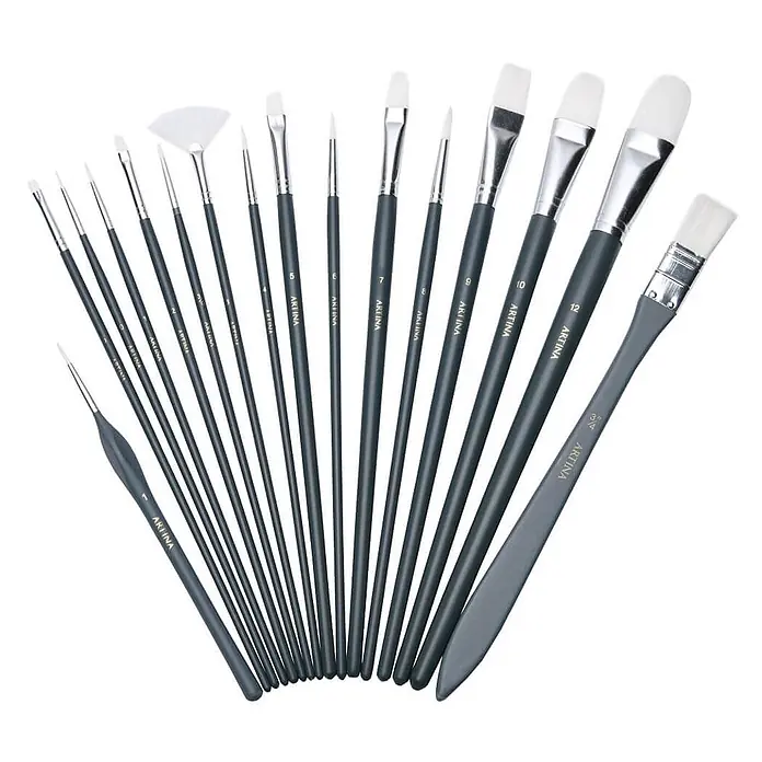 Artina Künstlerpinsel-Set - 17 -tlg., Größe Pinsel: Rundpinsel: 0#, 3/0#, 1#, 4#, 6#, 8# Flachpinsel: 0#, 3/4#, 9# Filberpinsel: 2#, 7#, 10#, 12# Fächerpinsel: 3# Winkelpinsel: 5#, Nylonfaser - Pinselset mit verschiedenen dunkelgrauen Pinseln, weißen Synthetikborsten und silbernen Zwingen, in unterschiedlichen Größen und Formen.