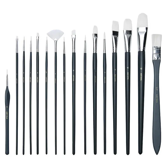 Artina Künstlerpinsel-Set - 17 -tlg., Größe Pinsel: Rundpinsel: 0#, 3/0#, 1#, 4#, 6#, 8# Flachpinsel: 0#, 3/4#, 9# Filberpinsel: 2#, 7#, 10#, 12# Fächerpinsel: 3# Winkelpinsel: 5#, Nylonfaser - Ein Set dunkelstieliger Pinsel mit weißen Borsten in verschiedenen Formen und Größen für diverse Maltechniken.