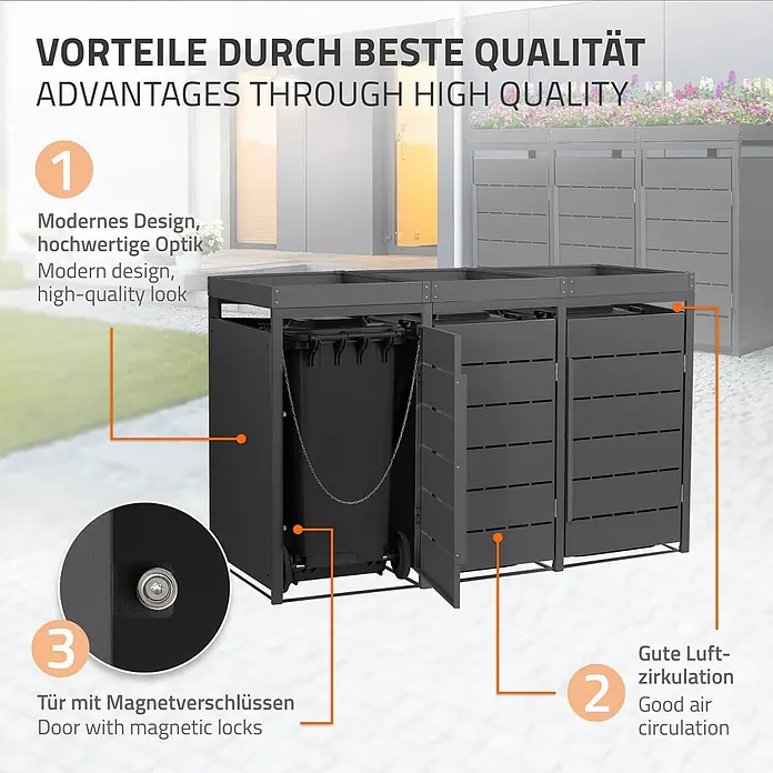 Mülltonnenbox 3er mit Pflanzdach 240L 196x80x124cm Anthrazit aus Stahl -  - Dunkelgraue Mülltonnenbox aus Metall mit drei Fächern, Lamellentüren zur Belüftung und Magnetverschlüssen.