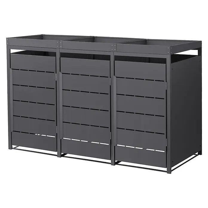 Mülltonnenbox 3er mit Pflanzdach 240L 196x80x124cm Anthrazit aus Stahl -  - Dunkelgraue Metall-Mülltonnenbox für drei Tonnen mit Lamellentüren.