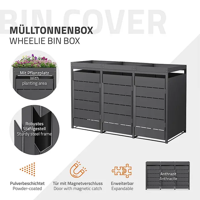 Mülltonnenbox 3er mit Pflanzdach 240L 196x80x124cm Anthrazit aus Stahl -  - Anthrazitfarbene pulverbeschichtete Mülltonnenbox aus robustem Stahl mit Pflanzbereich und Magnettüren. Erweiterbar.