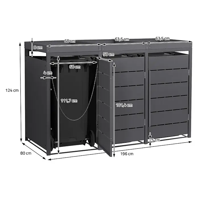 Mülltonnenbox 3er mit Pflanzdach 240L 196x80x124cm Anthrazit aus Stahl -  - Dunkelgraue Mülltonnenbox aus Metall mit drei Fächern und Maßen, ein Fach offen mit Behälter.
